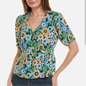 CAbi Floral Happy Short Sleeve Top Style 5900 Office Business Casual Size Small